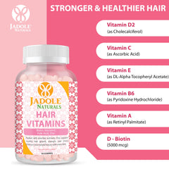 Jadole Naturals hair growth vitamins gummies bottle with pink label and ingredient list for stronger healthier hair