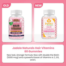 Two Jadole Naturals Hair Vitamins gummy bottle versions labeled old and new