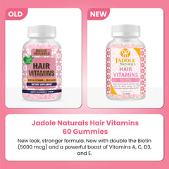 Jadole Naturals hair growth vitamins gummies 60 count bottle comparison old and new pink labeled bottles