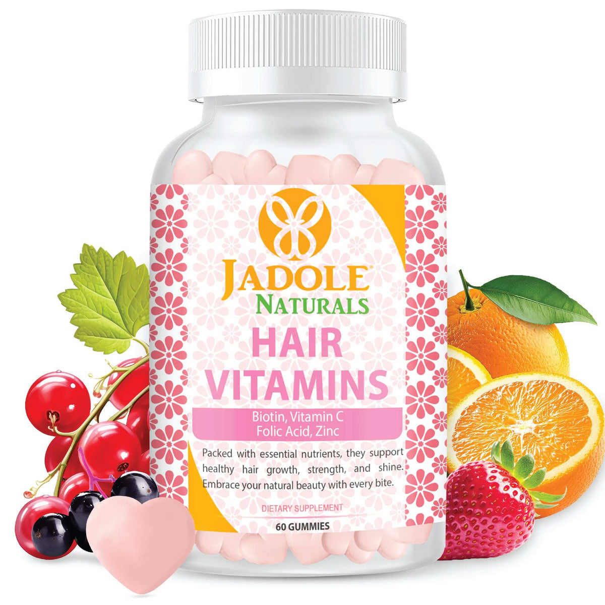 Jadole Naturals bottle of hair growth vitamins gummies with pink heart shaped gummies and oranges and berries