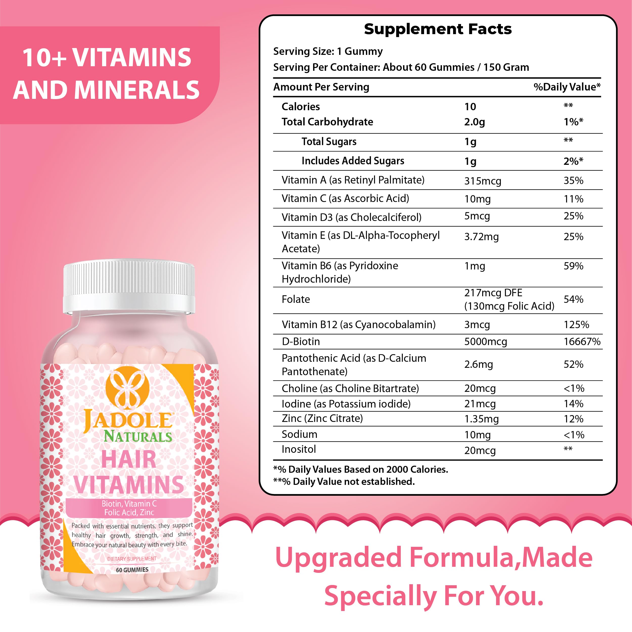 Jadole Naturals Hair Vitamins bottle with supplement facts label and pink background promoting hair growth vitamins gummies