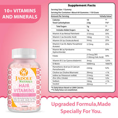 Jadole Naturals Hair Vitamins bottle with supplement facts label and pink background promoting hair growth vitamins gummies