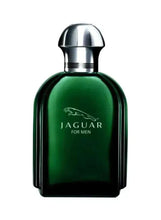 Men's eau de toilette bottle in dark green with silver cap and Jaguar For Men label