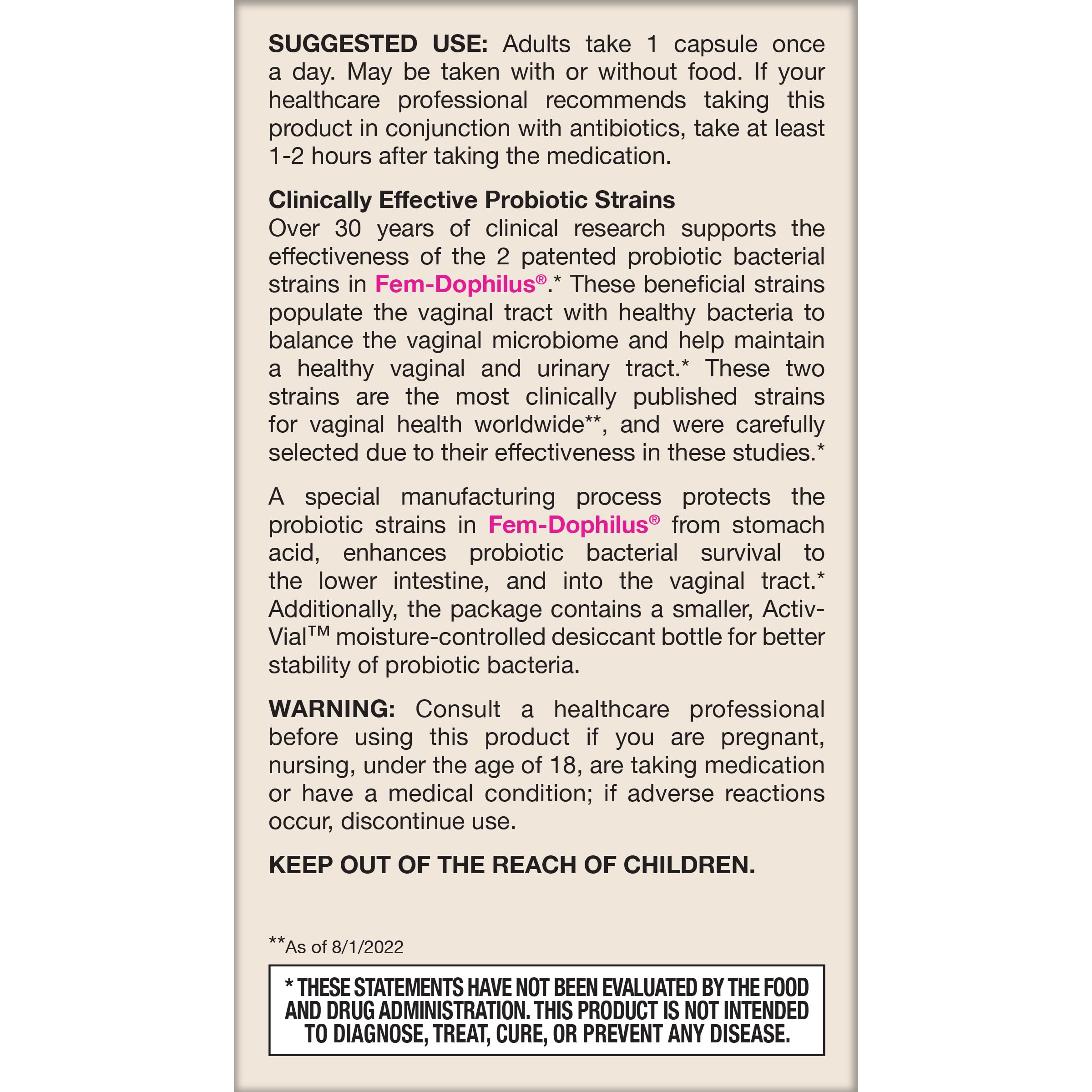 Jarrow Formulas supplement label describing usage and benefits of fem-dophilus probiotics for women vaginal and urinary health