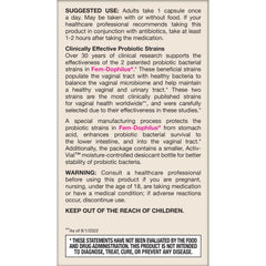 Jarrow Formulas supplement label describing usage and benefits of fem-dophilus probiotics for women vaginal and urinary health
