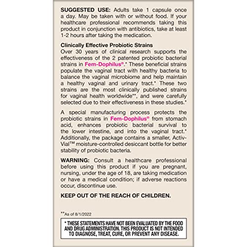 Jarrow Formulas supplement label detailing fem-dophilus probiotics for women usage strains and warnings
