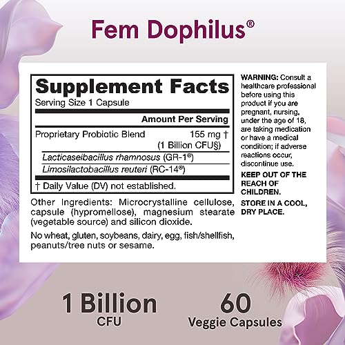 Jarrow Formulas Fem Dophilus supplement label showing 1 Billion CFU 60 veggie capsules fem-dophilus probiotics for women