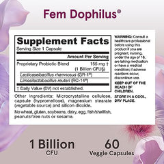 Jarrow Formulas Fem Dophilus supplement label showing 1 Billion CFU 60 veggie capsules fem-dophilus probiotics for women