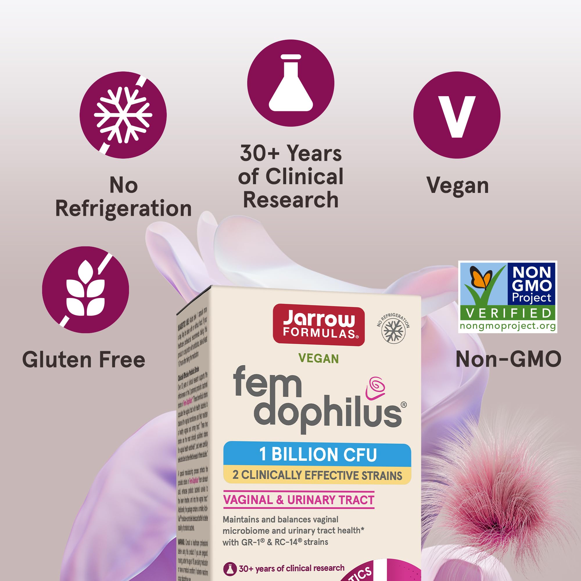 Jarrow Formulas box of fem-dophilus probiotics for women with product claims vegan gluten free non GMO