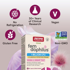 Jarrow Formulas box of fem-dophilus probiotics for women with product claims vegan gluten free non GMO
