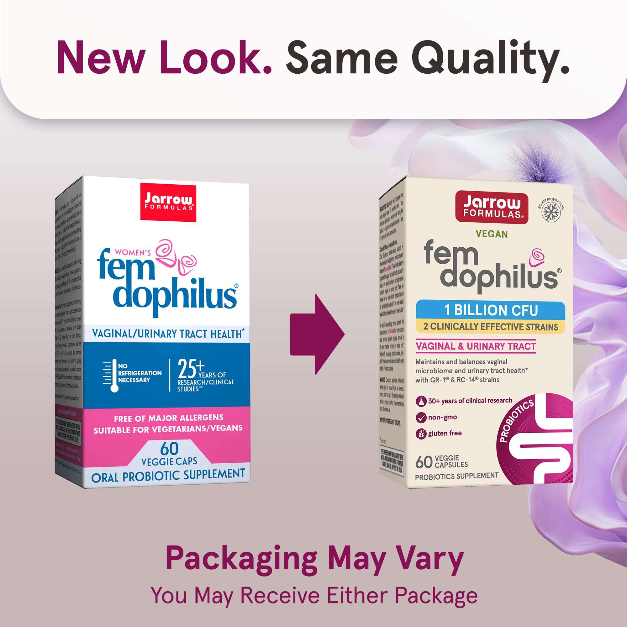 Jarrow Formulas fem-dophilus probiotics for women new and old box packaging showing 60 veggie caps and vaginal urinary tract health