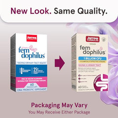 Jarrow Formulas fem-dophilus probiotics for women showing old and new packaging with packaging may vary