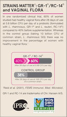 Jarrow Formulas informational label on strains and vaginal flora showing trial results and logos fem-dophilus probiotics for women