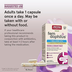 Jarrow Formulas fem-dophilus probiotics for women box with 60 veggie capsules and suggested use text