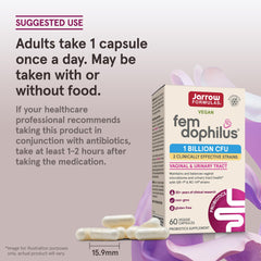 Jarrow Formulas fem-dophilus probiotics for women box and capsules with suggested use text