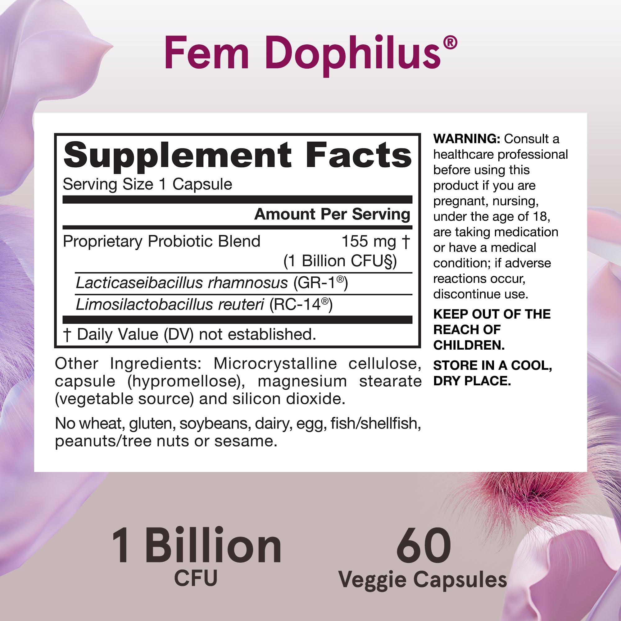 Jarrow Formulas fem-dophilus probiotics for women supplement label showing 1 billion CFU 60 veggie capsules