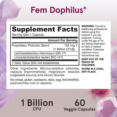Jarrow Formulas fem-dophilus probiotics for women supplement label showing 1 billion CFU 60 veggie capsules