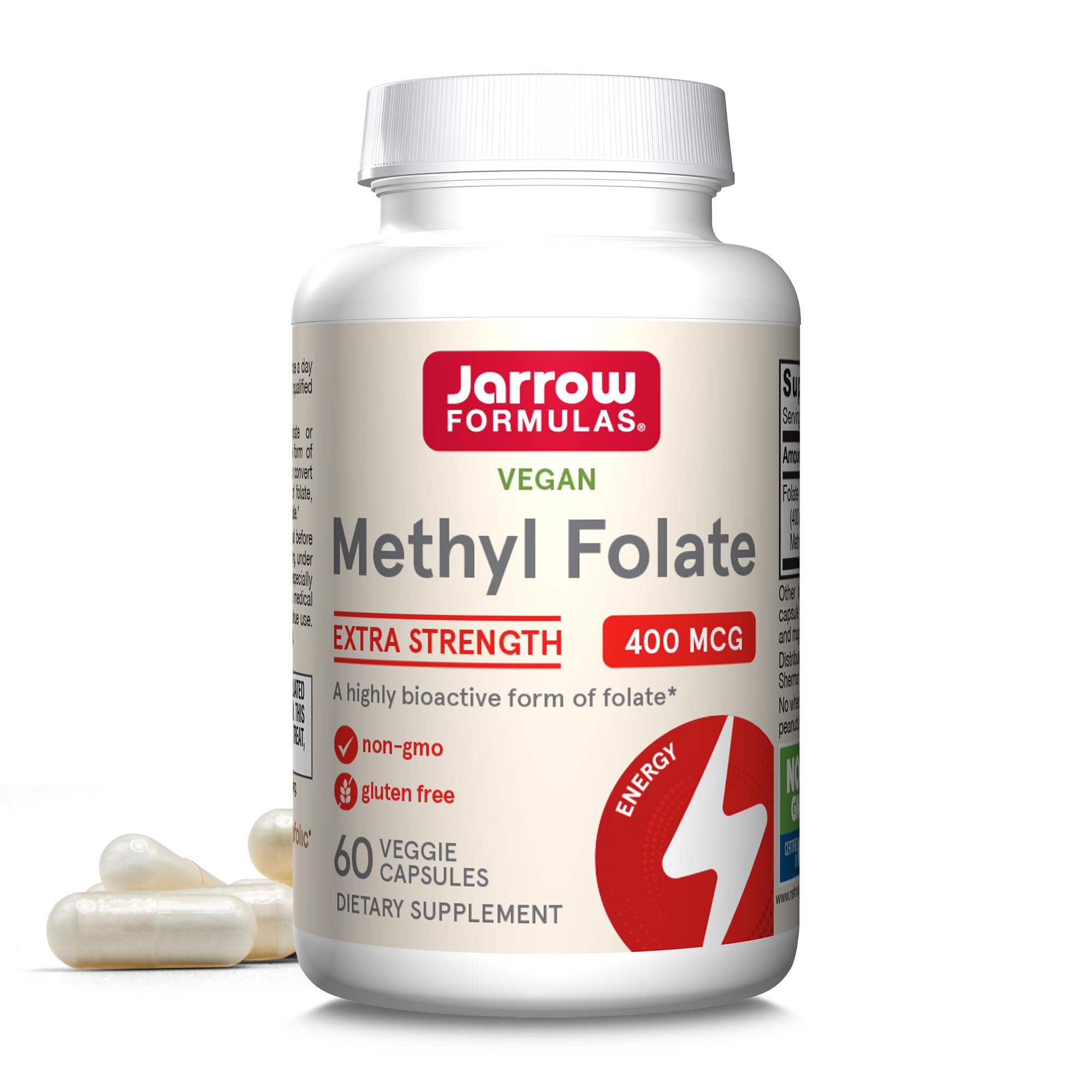Jarrow Formulas Methyl Folate Supplement UAE in a 60 veggie capsule bottle, gluten free and vegan