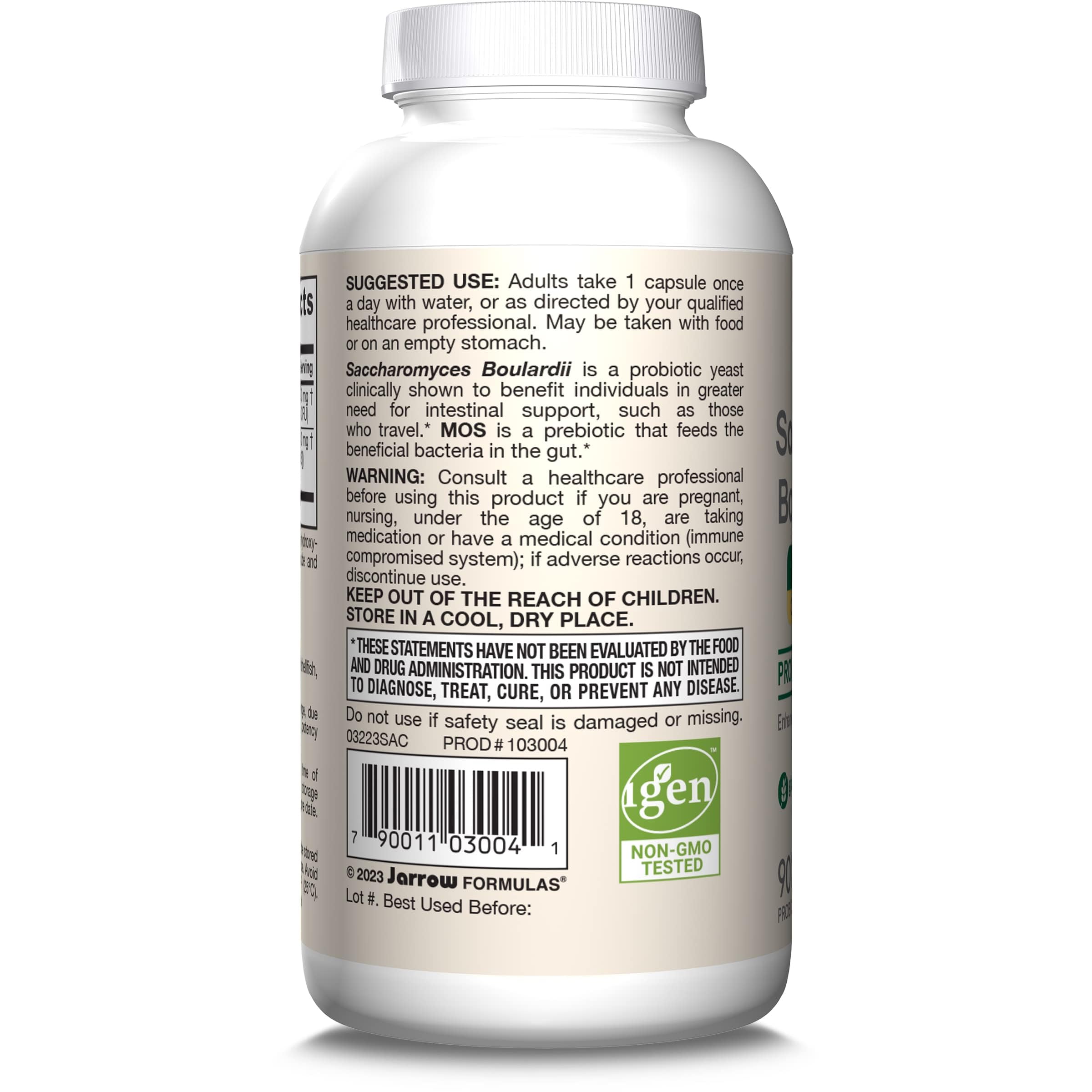 Jarrow Formulas Saccharomyces Boulardii probiotic supplement bottle with suggested use and storage instructions