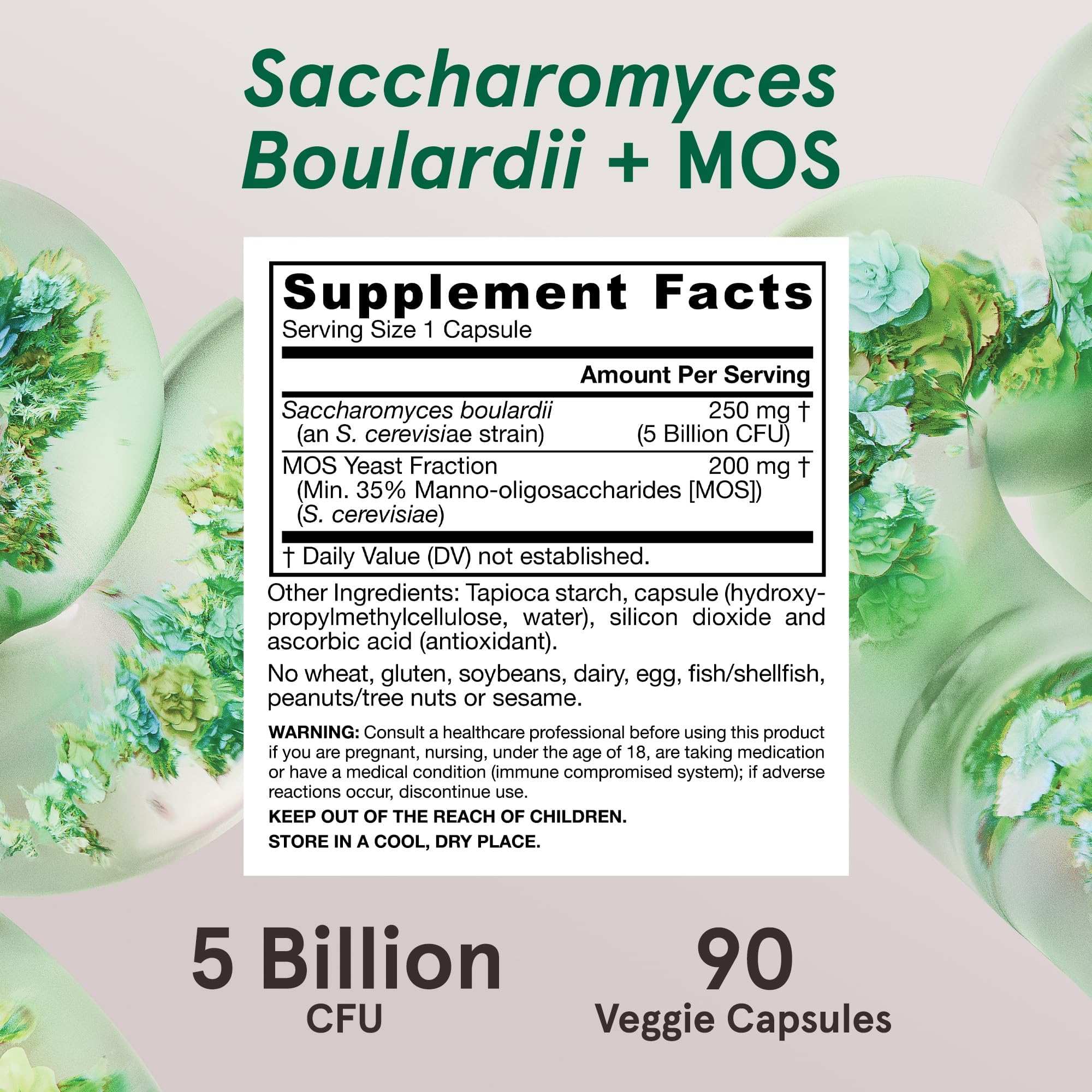 Saccharomyces Boulardii probiotic supplement with 5 billion CFU in 90 veggie capsules for digestive health