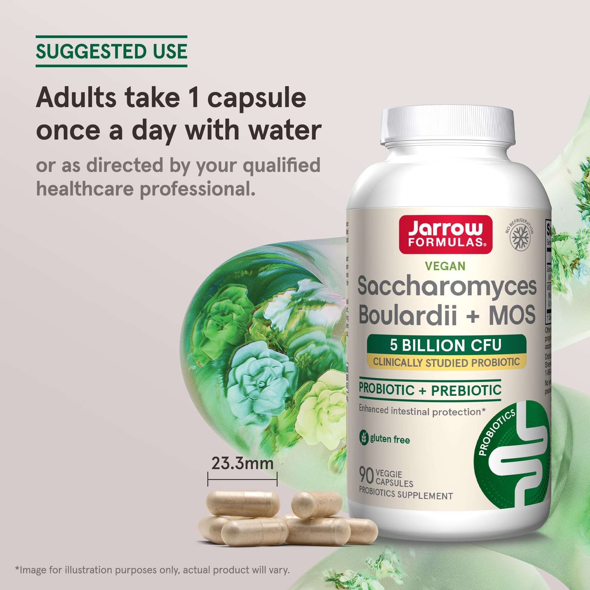 Jarrow Formulas Saccharomyces Boulardii probiotic supplement bottle with 90 capsules and suggested use instructions