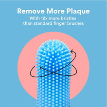 Blue silicone finger toothbrush with full surround bristles for plaque removal