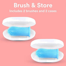 Two blue pet finger toothbrushes with two white storage cases