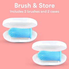 MOLIMI dog and cat finger toothbrush silicone blue set with two brushes and two white storage cases on pink background