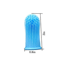 Blue finger toothbrush with dense round bristles, sized about 0.8 in