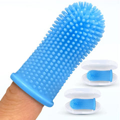 MOLIMI dog and cat finger toothbrush blue silicone textured bristles on finger with two travel cases for pet oral care