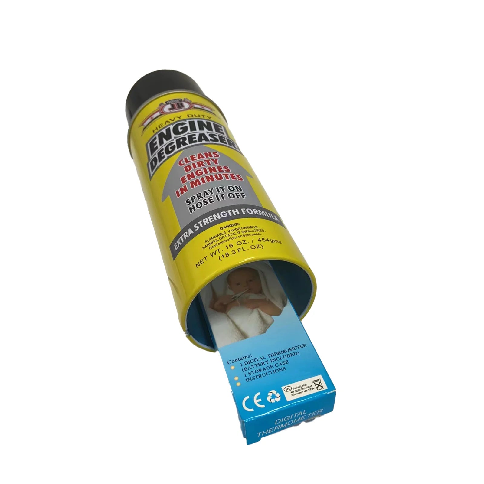 Mumzar engine degreaser diversion safe can yellow spray can with black cap showing secret storage compartment and blue box inside