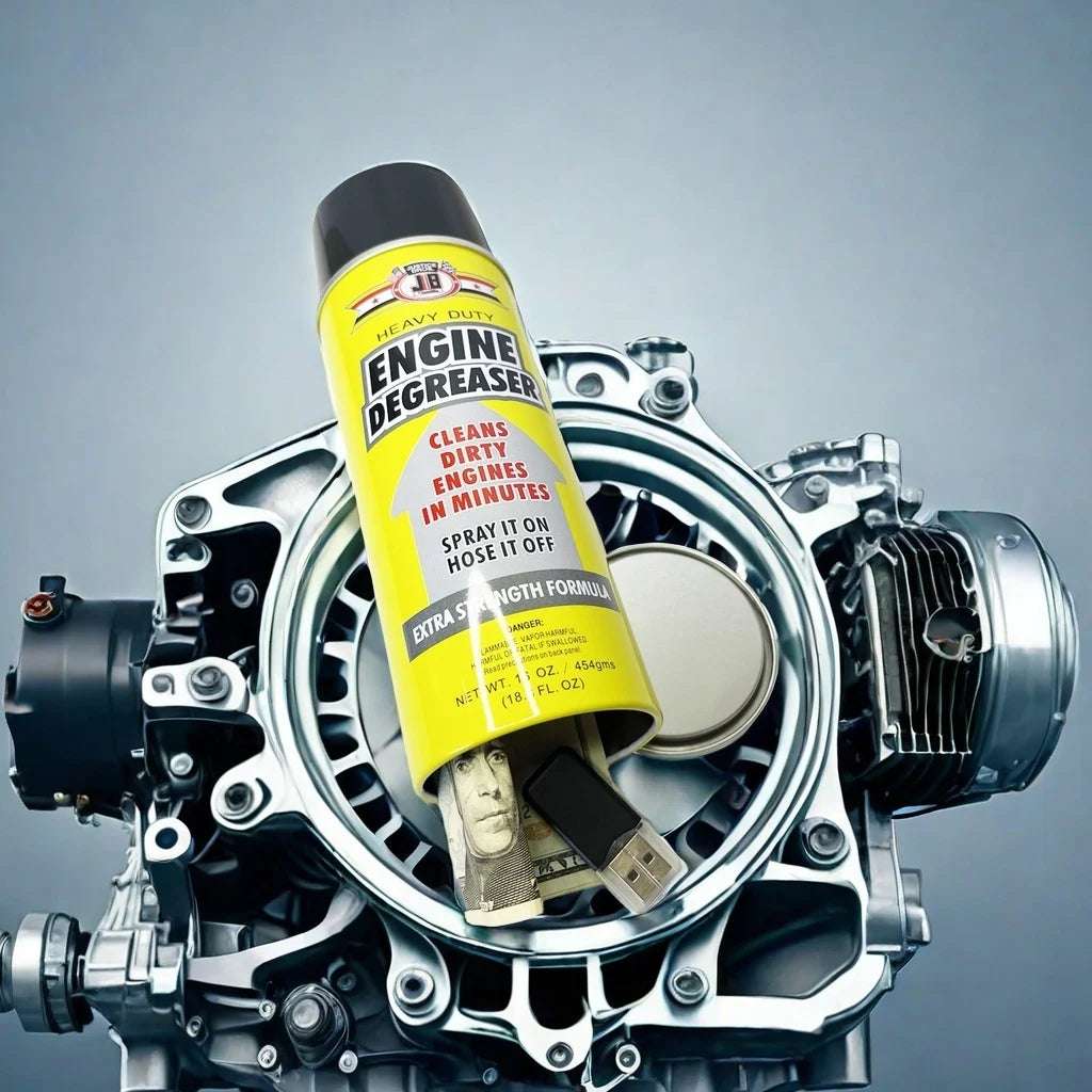 Mumzar car accessories engine degreaser diversion safe can yellow spray can resting inside engine housing
