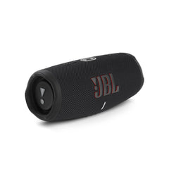 Black JBL Charge 5 portable Bluetooth speaker with durable fabric and rubber housing side view