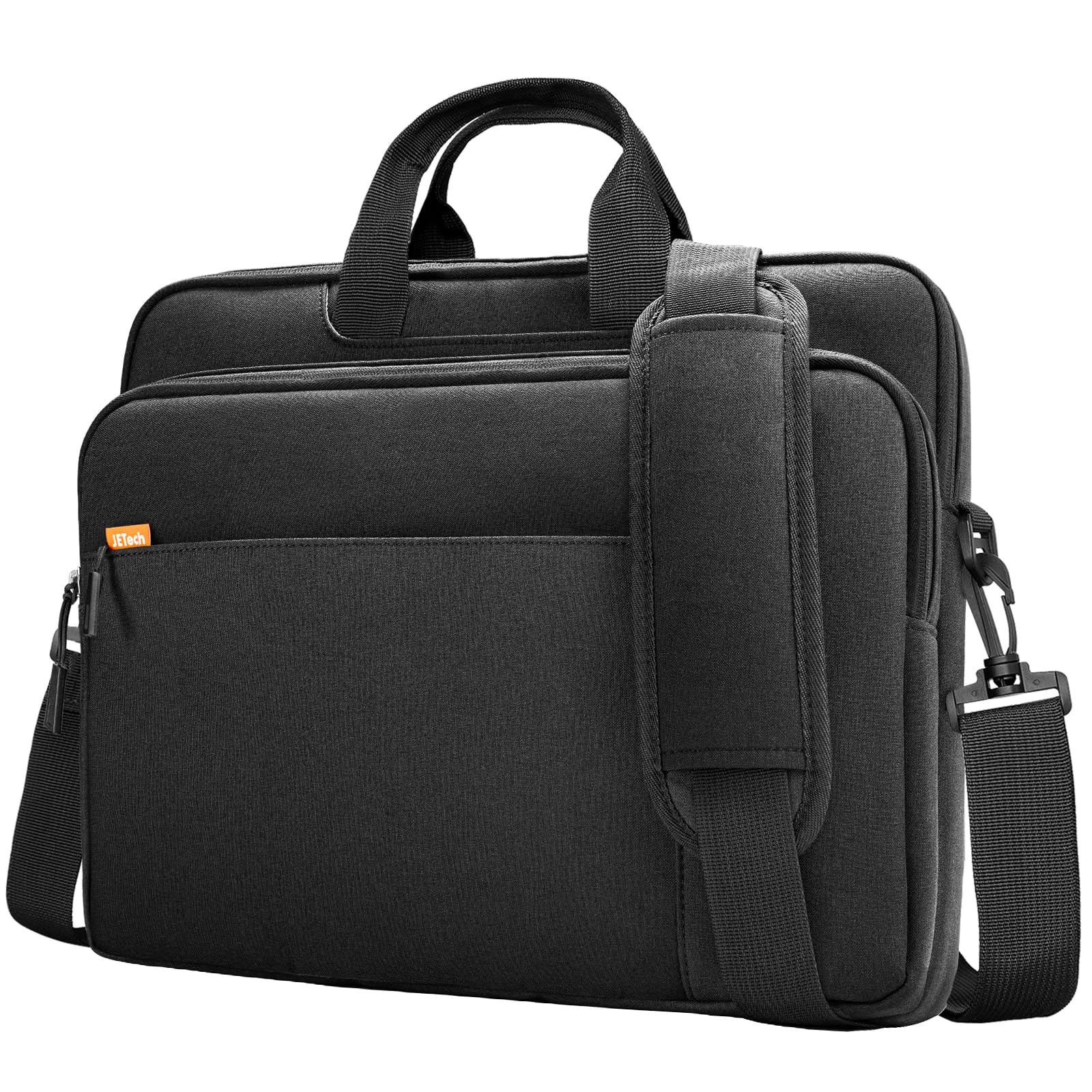 Black JETech laptop case with shoulder strap and multiple compartments for easy carrying
