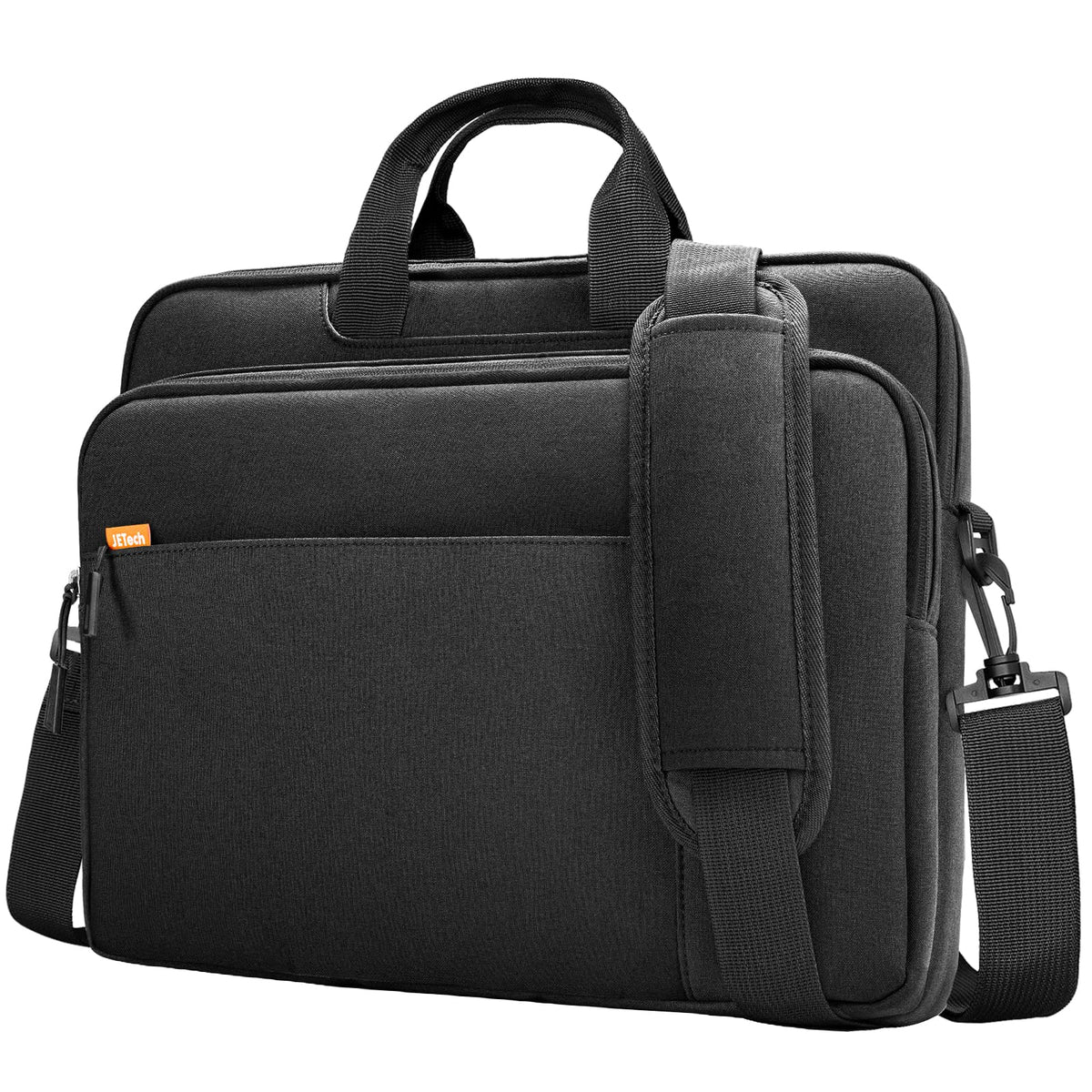 Black JETech laptop case with shoulder strap and multiple compartments for easy carrying