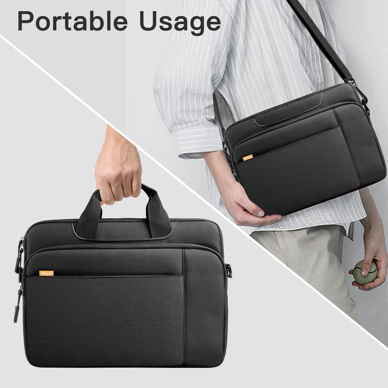 JETech laptop case with shoulder strap shown in handheld and crossbody portable usage