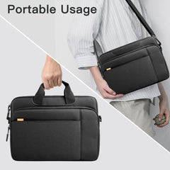 JETech laptop case with shoulder strap shown in handheld and crossbody portable usage