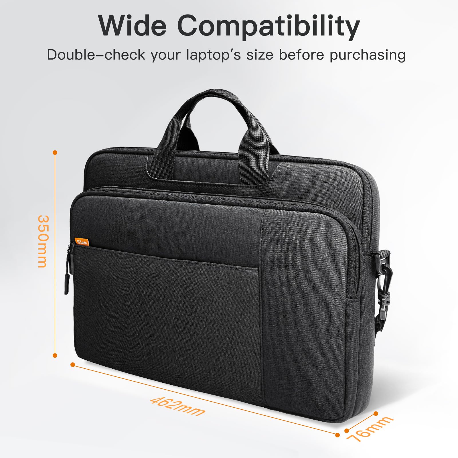 JETech laptop case with shoulder strap in black showing wide compatibility and dimensions