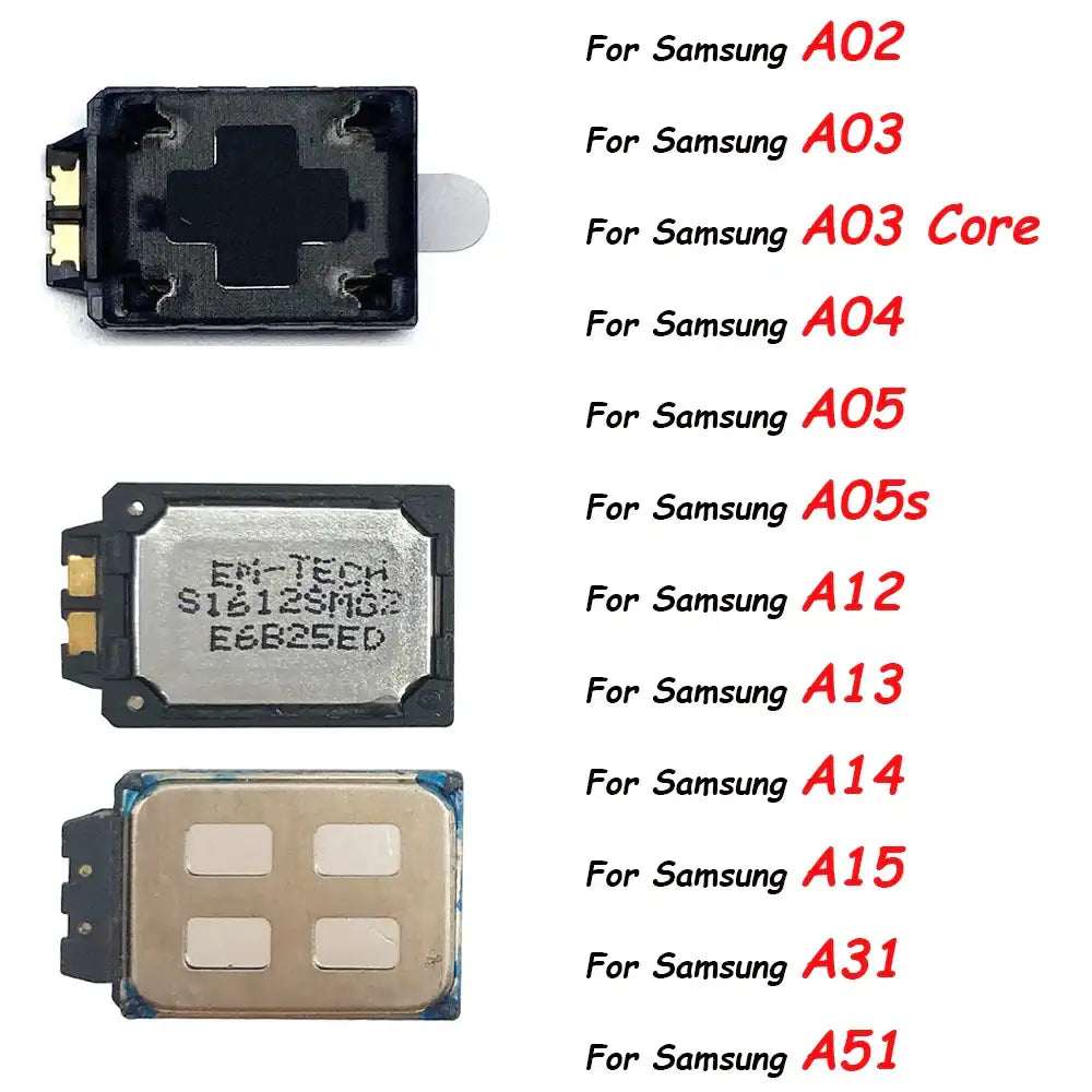 Samsung A02 loudspeaker replacement module pack showing three speaker components and compatible A series models list