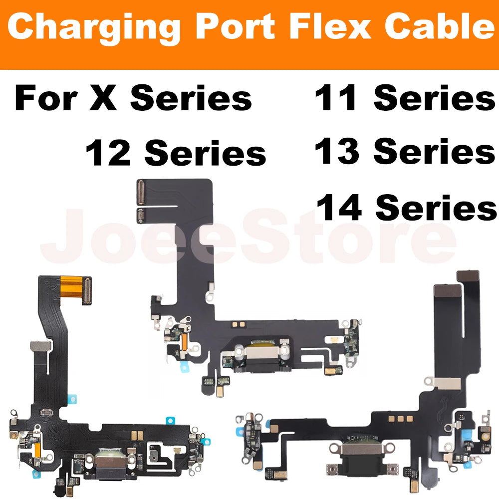 Mumzar iPhone charging port flex cable replacement showing multiple dock flex cables for X 11 12 13 14 series