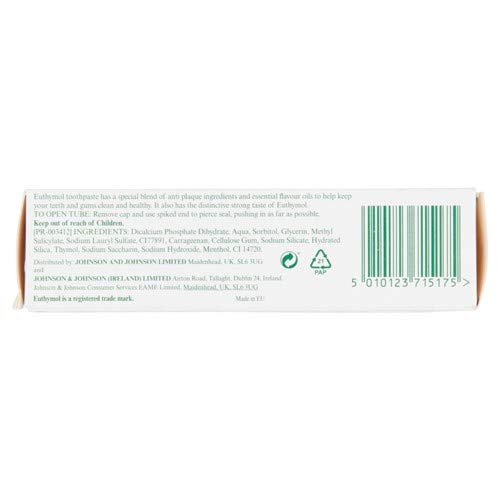 Euthymol original toothpaste box back showing ingredients list barcode and usage instructions