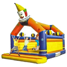 Inflatable kids bounce house with clown slide and orange, yellow, blue panels