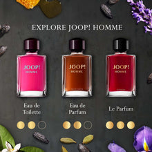 Joop! Homme fragrance lineup with three bottles: eau de toilette, eau de parfum, le parfum