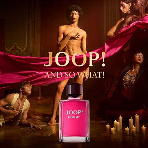 Joop Homme perfume for men 200ml bottle with artistic background and models draped in pink fabric