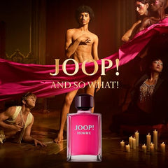Joop Homme perfume for men 200ml bottle with artistic background and models draped in pink fabric
