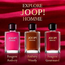 Joop Homme fragrance trio: three bottles with pink, amber, and red liquids.