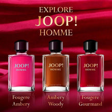 Joop Homme fragrance trio: three bottles with pink, amber, and red liquids.