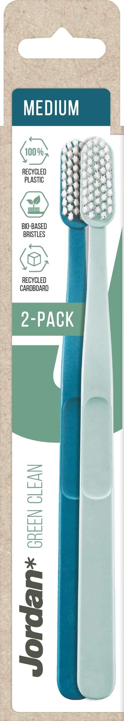 Jordan 2 pack medium bristle eco friendly toothbrush UAE set in teal and mint with recycled handles