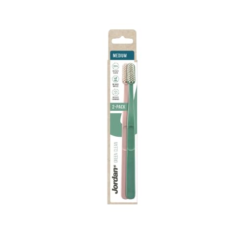 Jordan 2 pack medium bristle eco friendly toothbrush UAE with green and pink handles in recyclable packaging