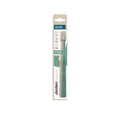 Jordan 2 pack medium bristle eco friendly toothbrush UAE with green and pink handles in recyclable packaging